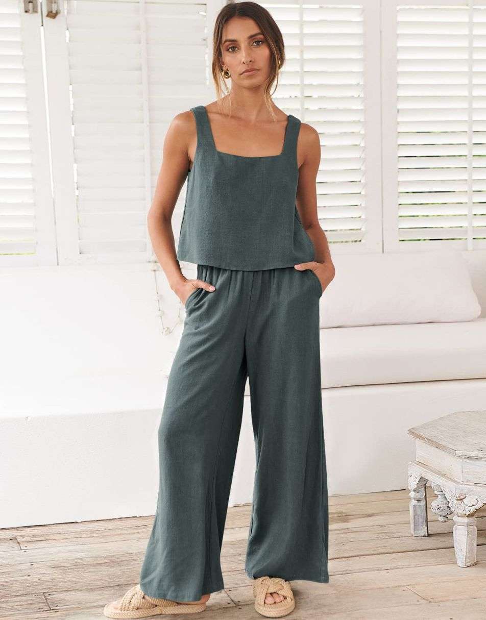ANRABESS Square Neck Sleeveless Crop Top & Pants Set