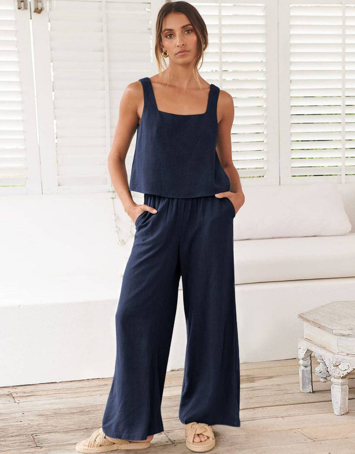 ANRABESS Square Neck Sleeveless Crop Top & Pants Set