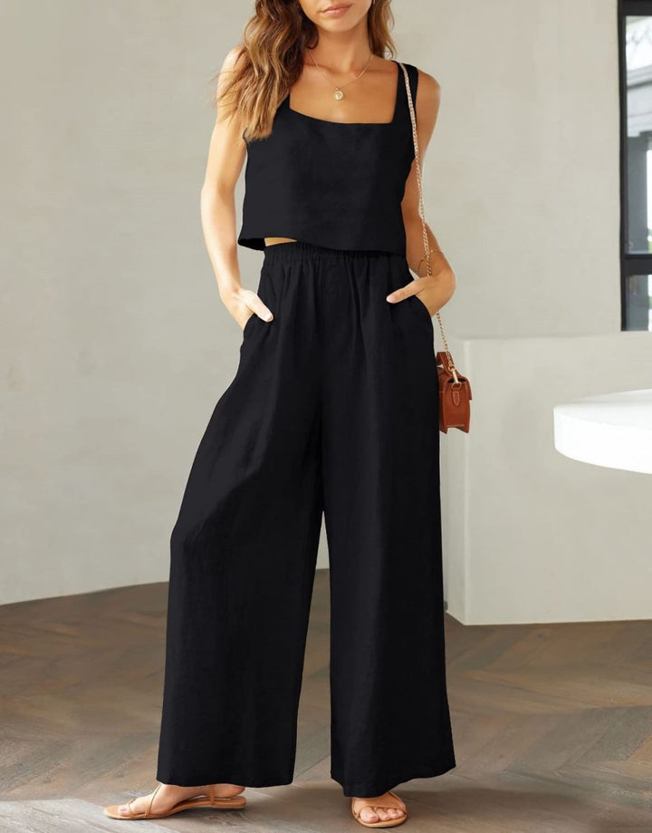 ANRABESS Square Neck Sleeveless Crop Top & Pants Set