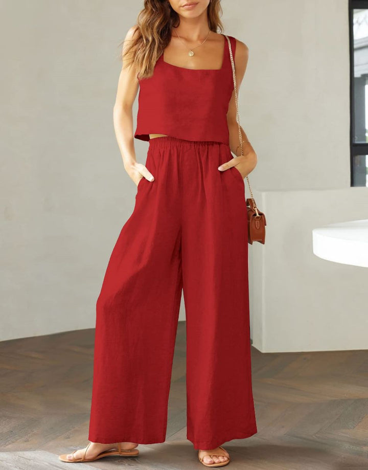 ANRABESS Square Neck Sleeveless Crop Top & Pants Set