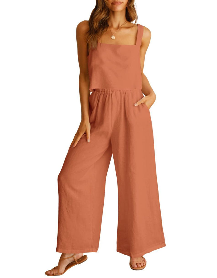 ANRABESS Square Neck Sleeveless Crop Top & Pants Set