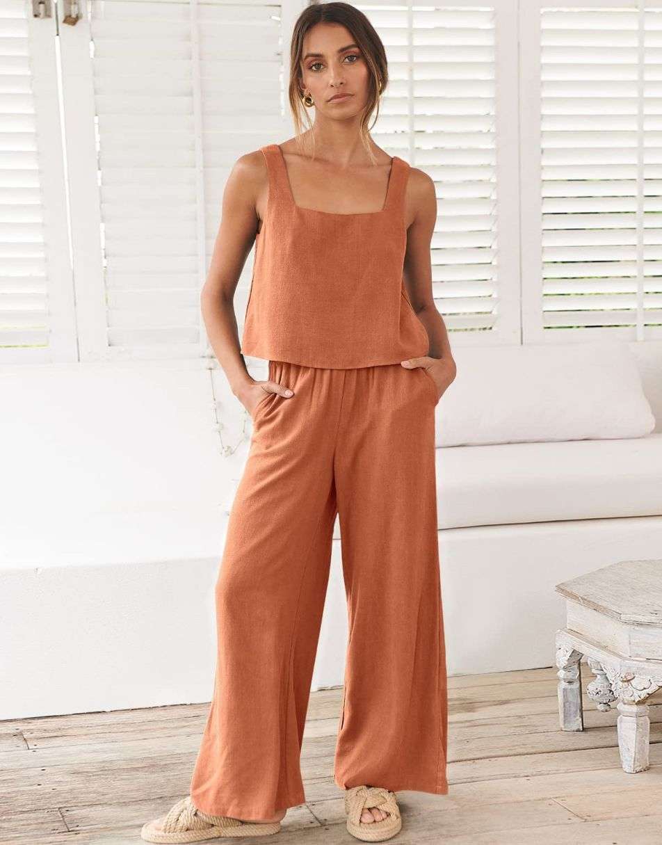 ANRABESS Square Neck Sleeveless Crop Top & Pants Set