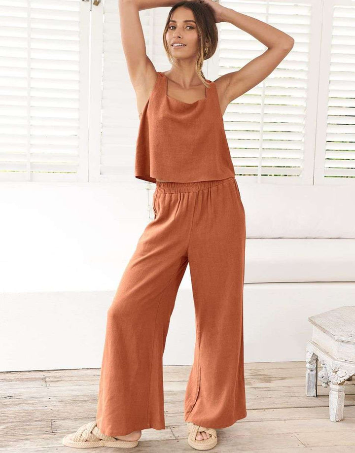 ANRABESS Square Neck Sleeveless Crop Top & Pants Set