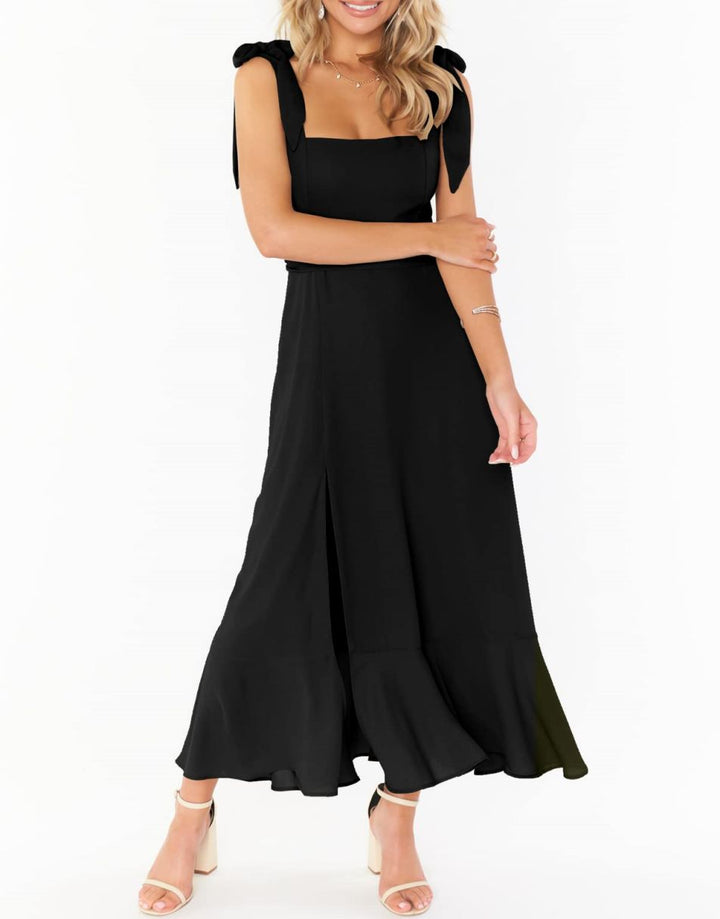 ANRABESS Bridesmaid Square Neck Ruffle Split Midi Dress