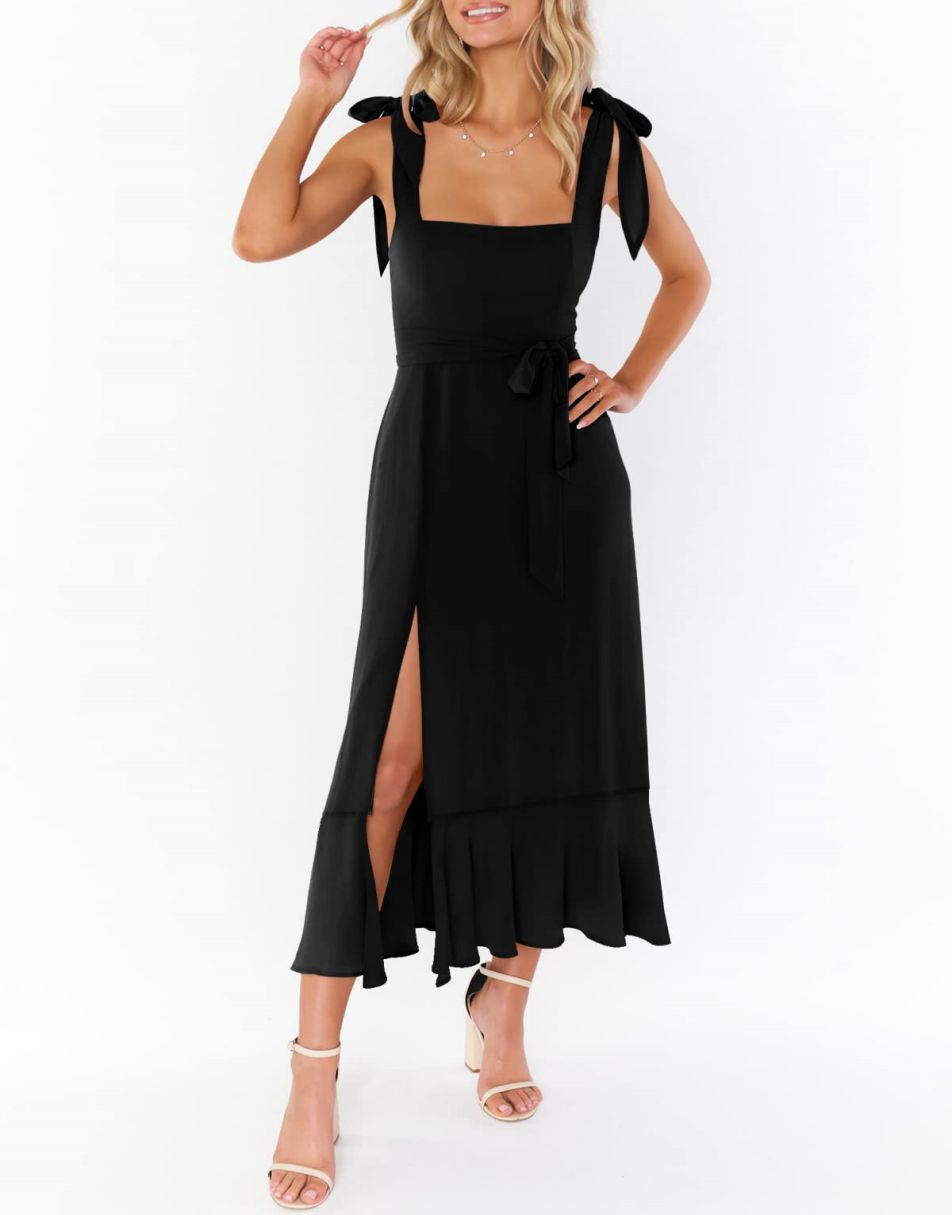 ANRABESS Bridesmaid Square Neck Ruffle Split Midi Dress