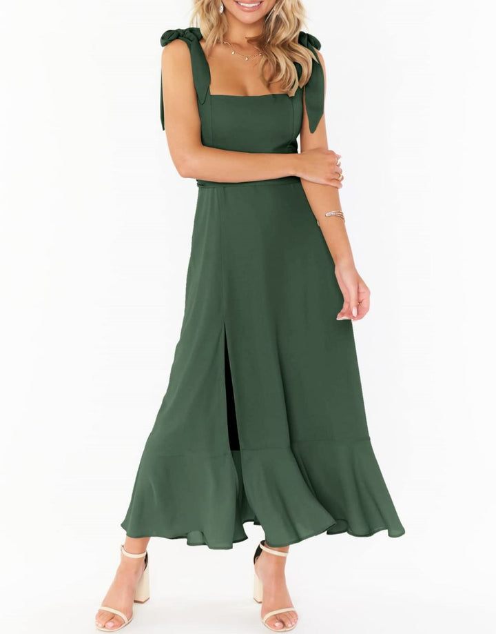 ANRABESS Bridesmaid Square Neck Ruffle Split Midi Dress