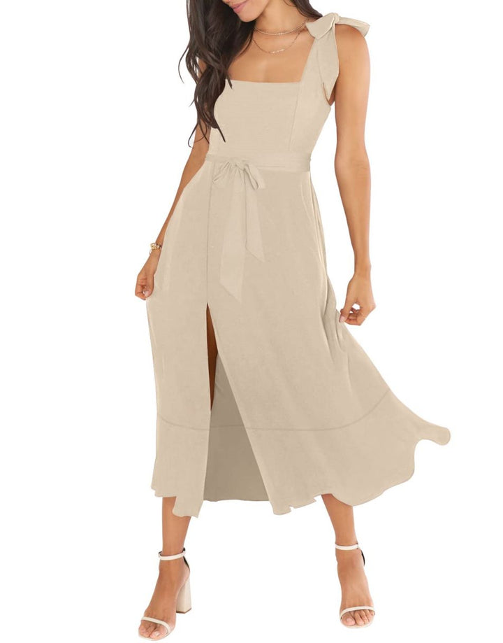 ANRABESS Bridesmaid Square Neck Ruffle Split Midi Dress