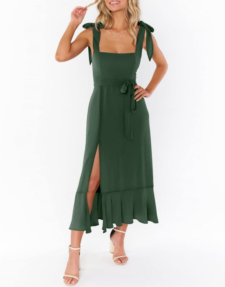 ANRABESS Bridesmaid Square Neck Ruffle Split Midi Dress