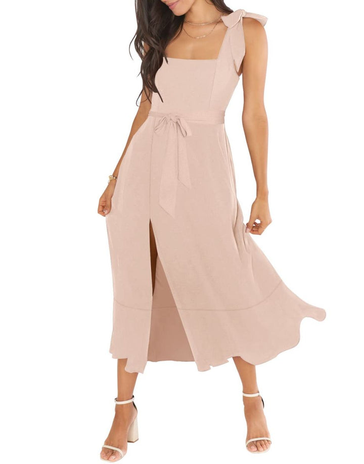 ANRABESS Bridesmaid Square Neck Ruffle Split Midi Dress
