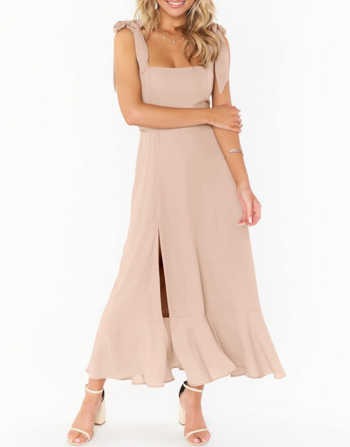 ANRABESS Bridesmaid Square Neck Ruffle Split Midi Dress