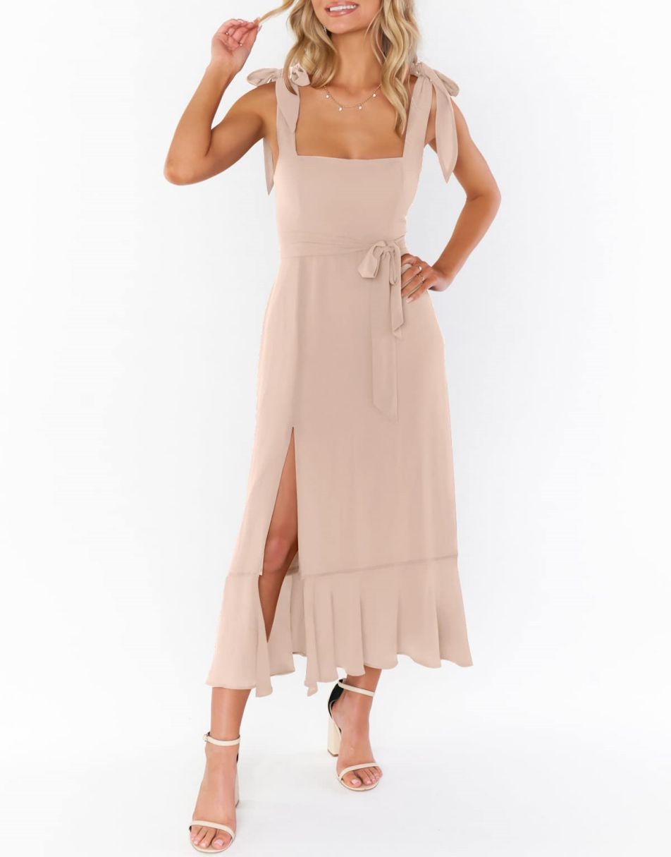 ANRABESS Bridesmaid Square Neck Ruffle Split Midi Dress