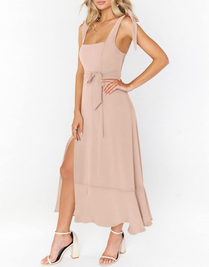 ANRABESS Bridesmaid Square Neck Ruffle Split Midi Dress