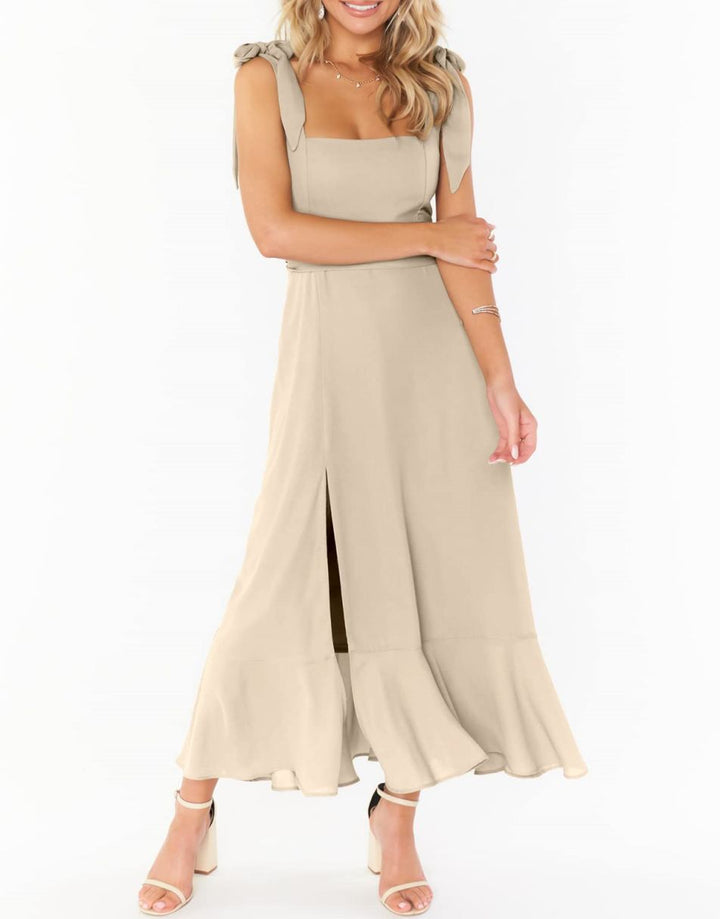 ANRABESS Bridesmaid Square Neck Ruffle Split Midi Dress