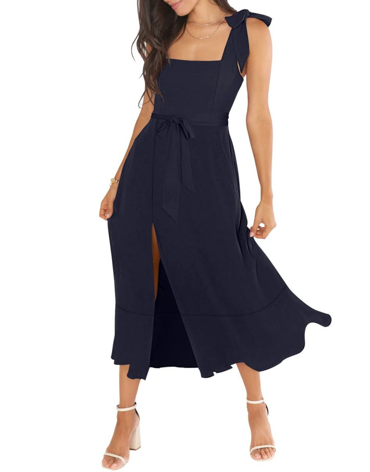 ANRABESS Bridesmaid Square Neck Ruffle Split Midi Dress