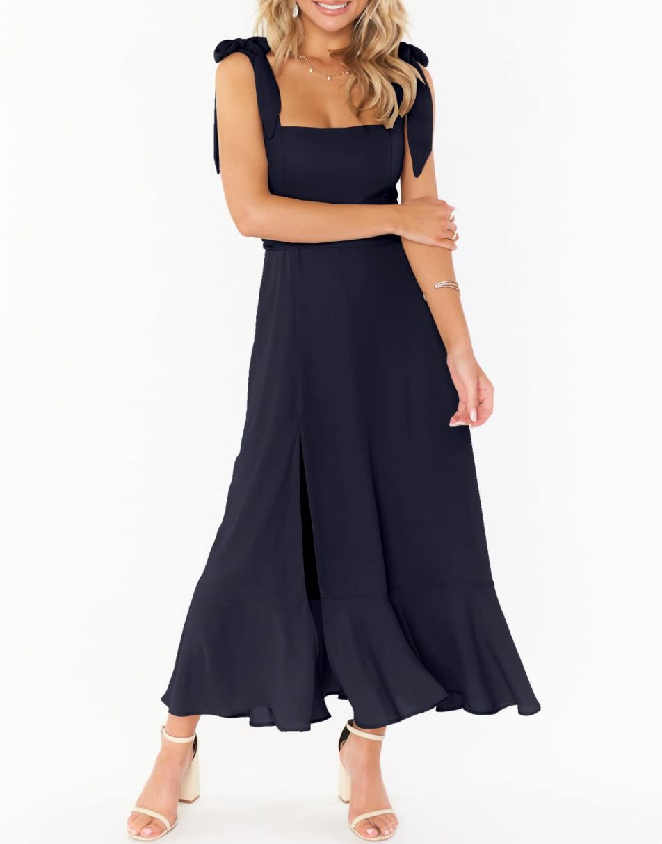 ANRABESS Bridesmaid Square Neck Ruffle Split Midi Dress