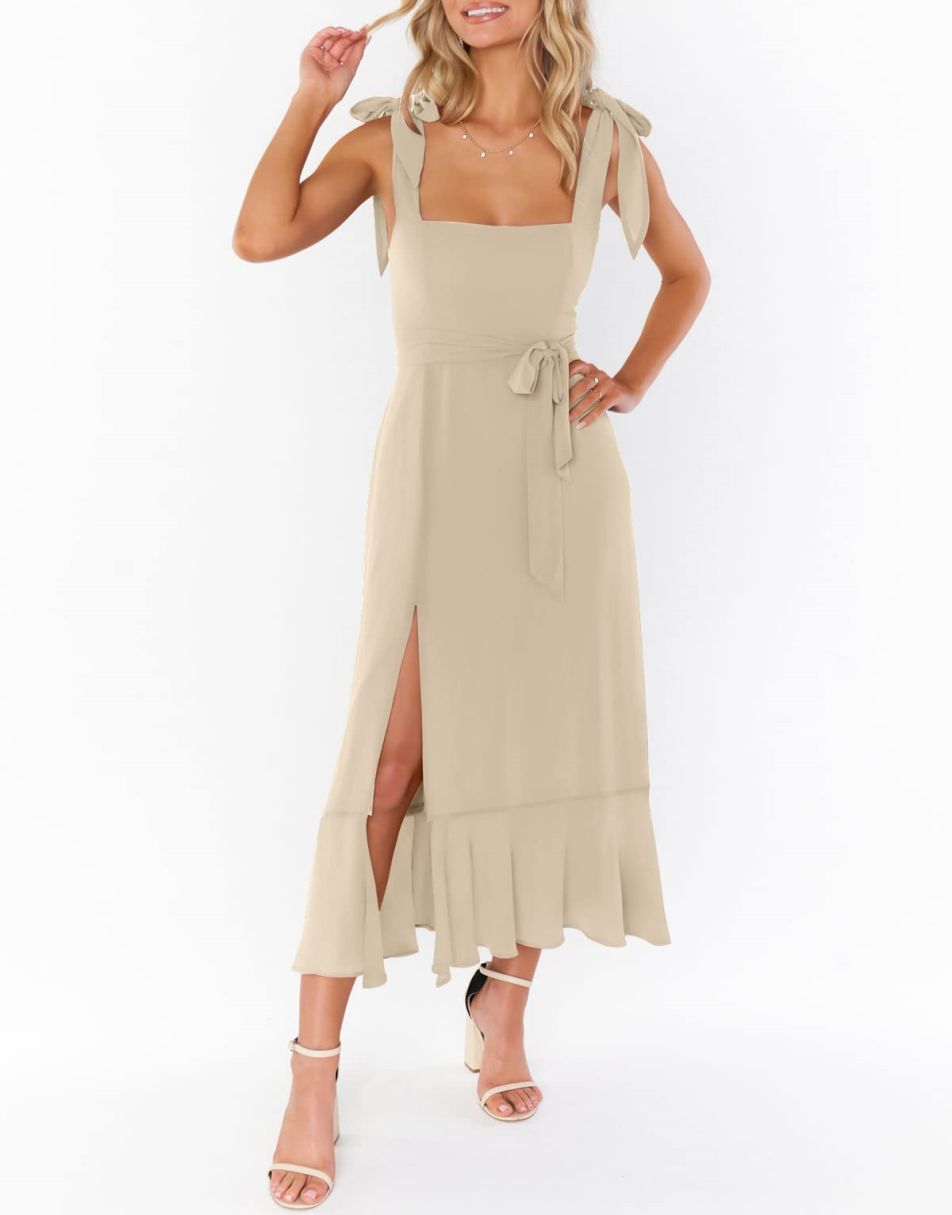ANRABESS Bridesmaid Square Neck Ruffle Split Midi Dress