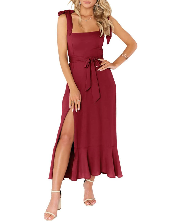 ANRABESS Bridesmaid Square Neck Ruffle Split Midi Dress
