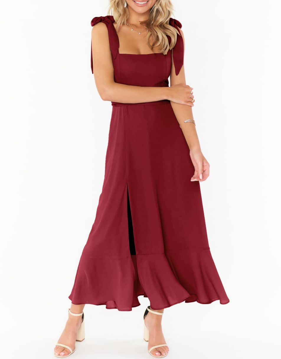 ANRABESS Bridesmaid Square Neck Ruffle Split Midi Dress