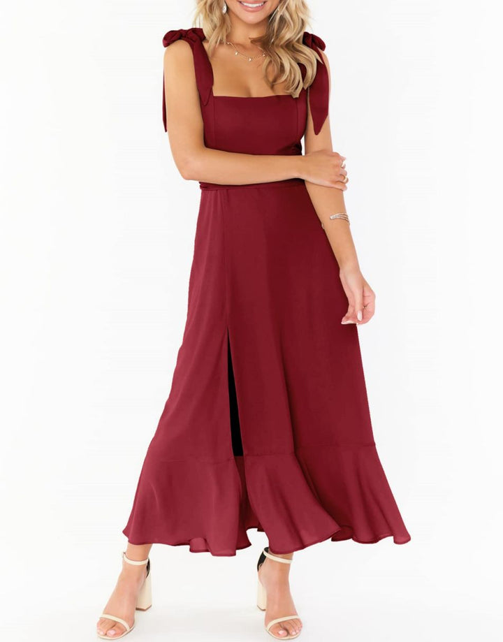 ANRABESS Bridesmaid Square Neck Ruffle Split Midi Dress