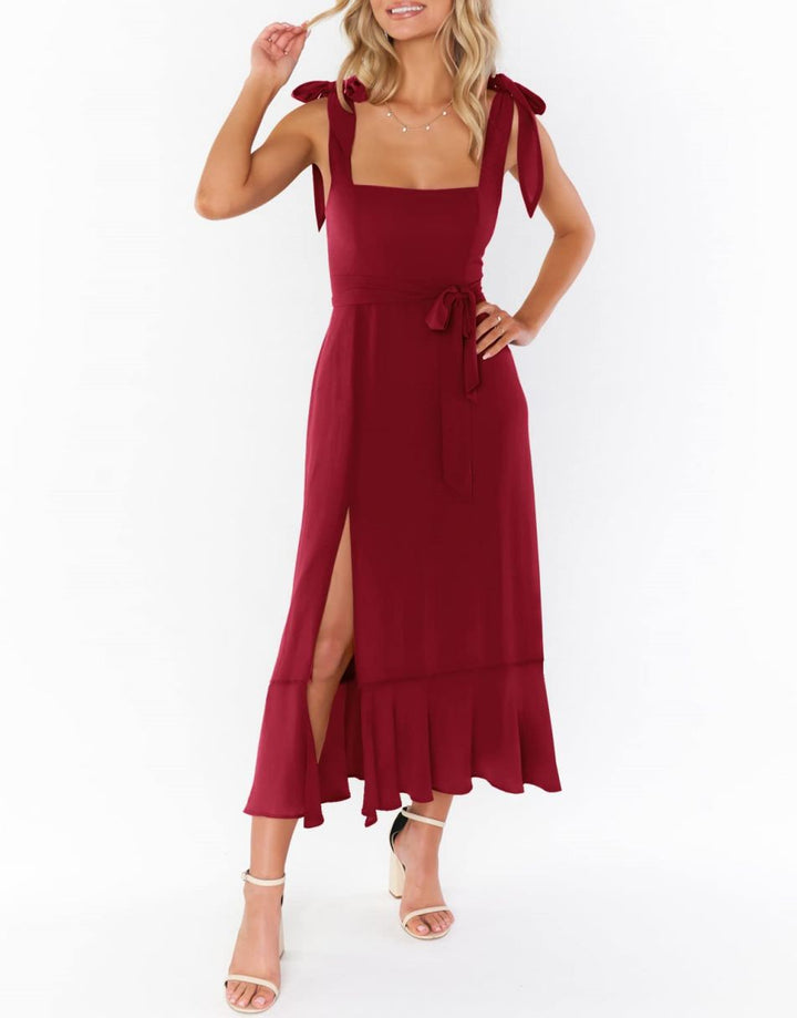 ANRABESS Bridesmaid Square Neck Ruffle Split Midi Dress