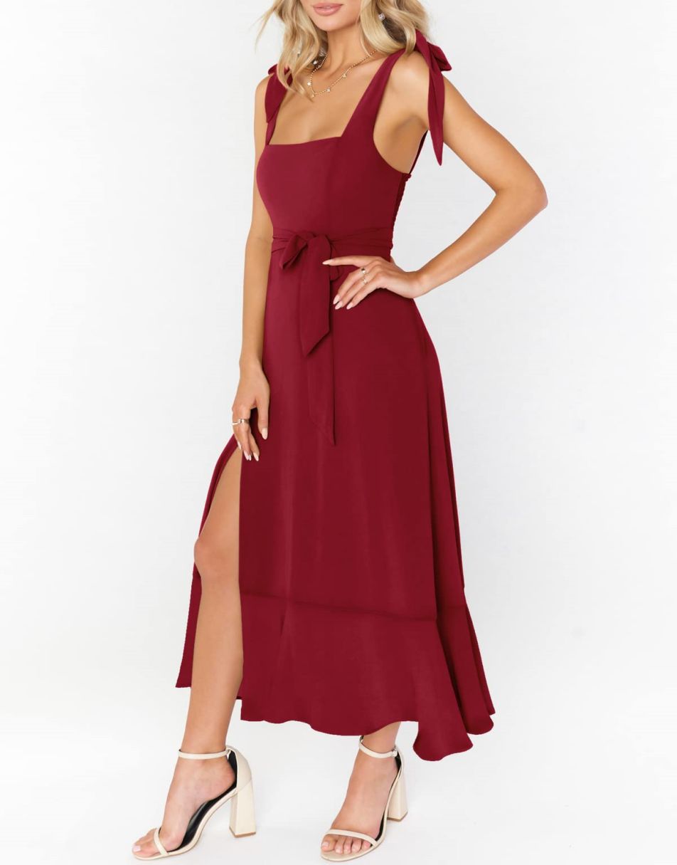 ANRABESS Bridesmaid Square Neck Ruffle Split Midi Dress