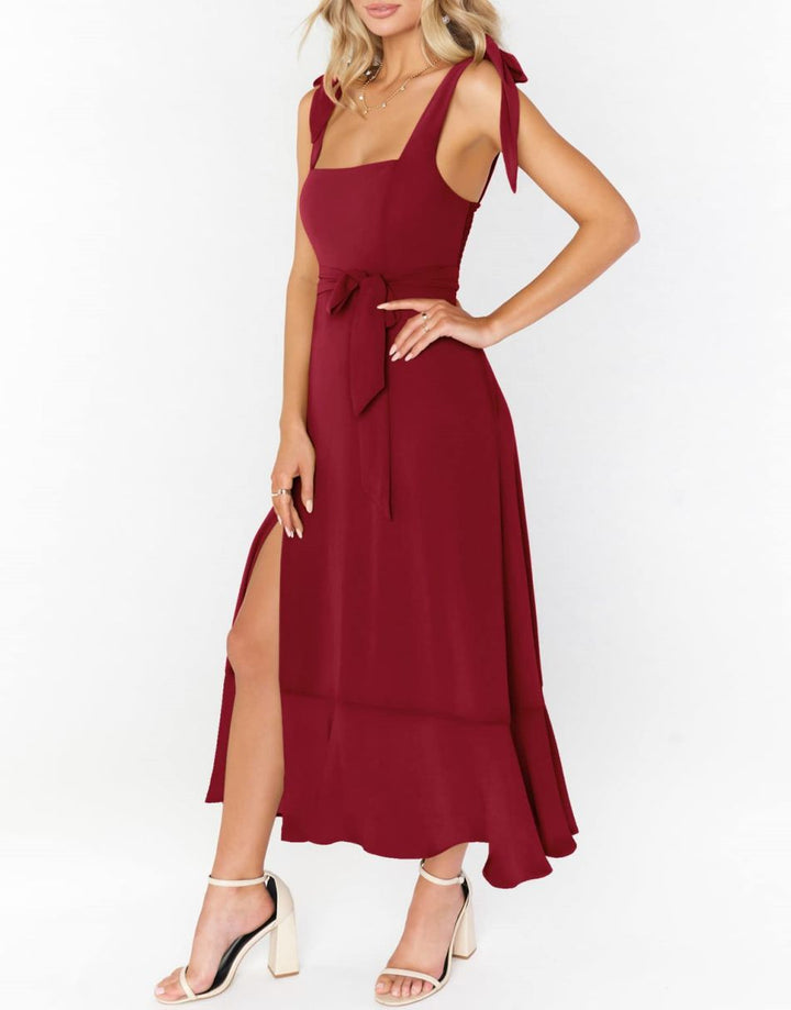 ANRABESS Bridesmaid Square Neck Ruffle Split Midi Dress