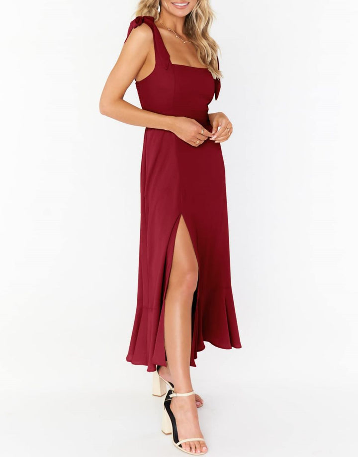 ANRABESS Bridesmaid Square Neck Ruffle Split Midi Dress
