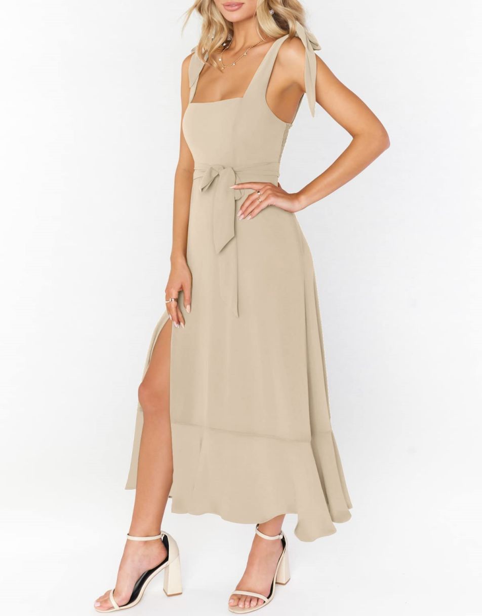 ANRABESS Bridesmaid Square Neck Ruffle Split Midi Dress