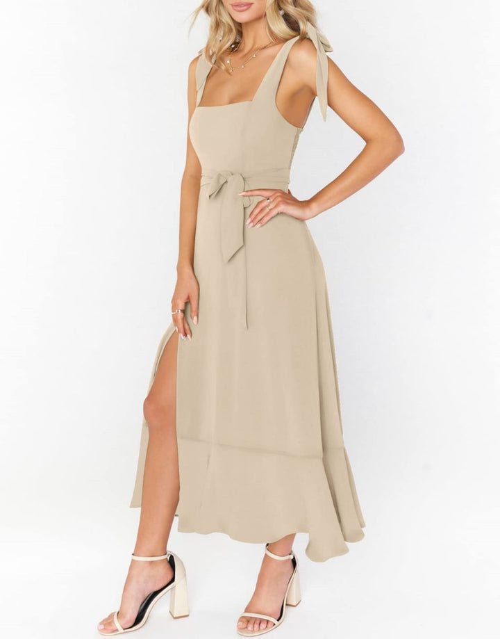 ANRABESS Bridesmaid Square Neck Ruffle Split Midi Dress