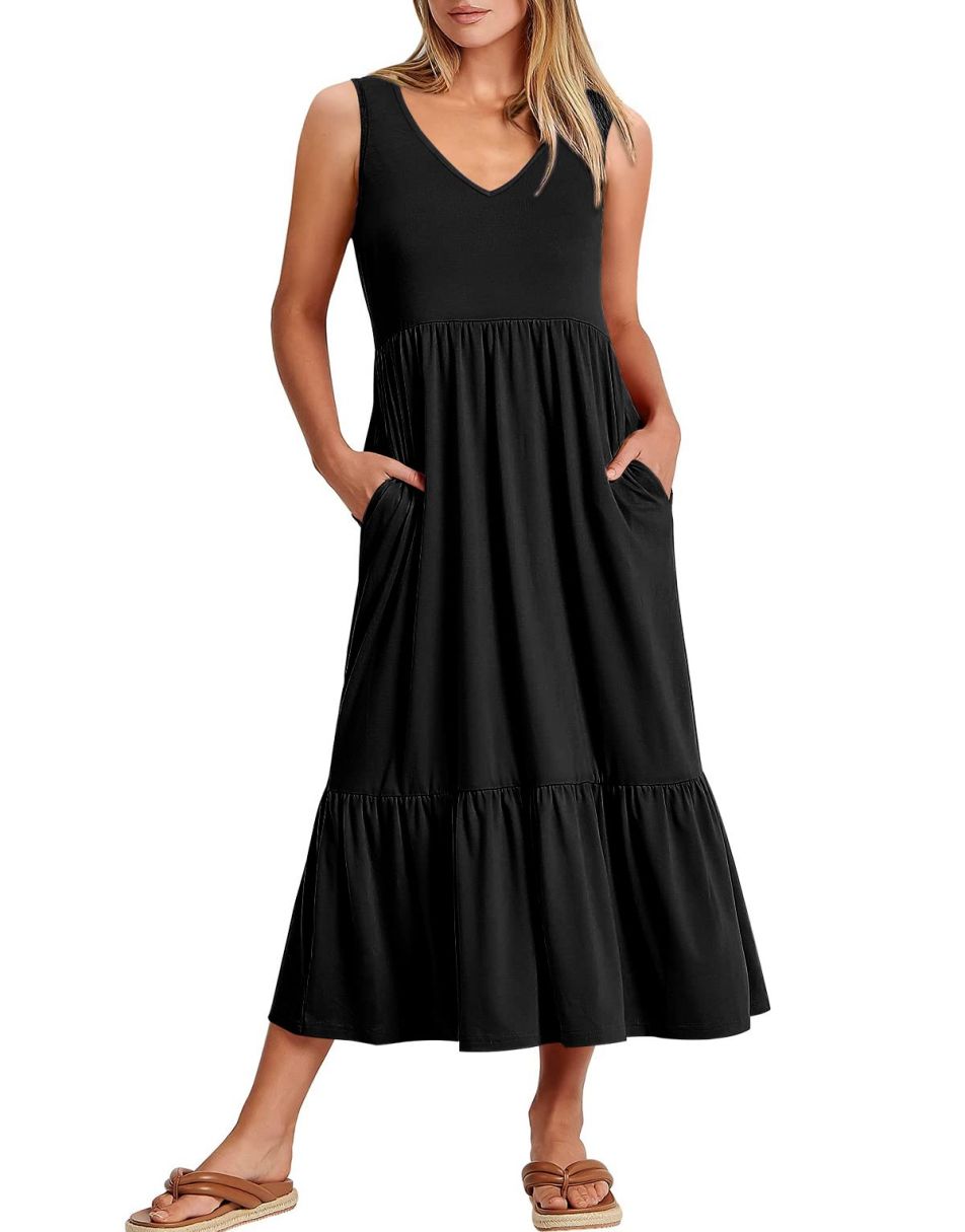 ANRABESS Sleeveless V-Neck Tiered Maxi Dress with Pockets