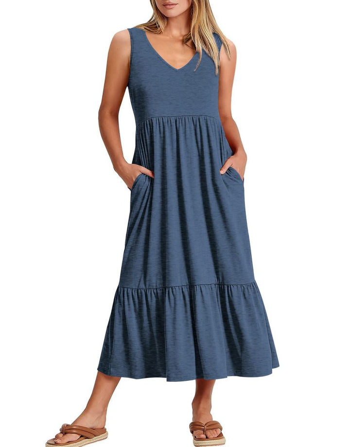 ANRABESS Sleeveless V-Neck Tiered Maxi Dress with Pockets