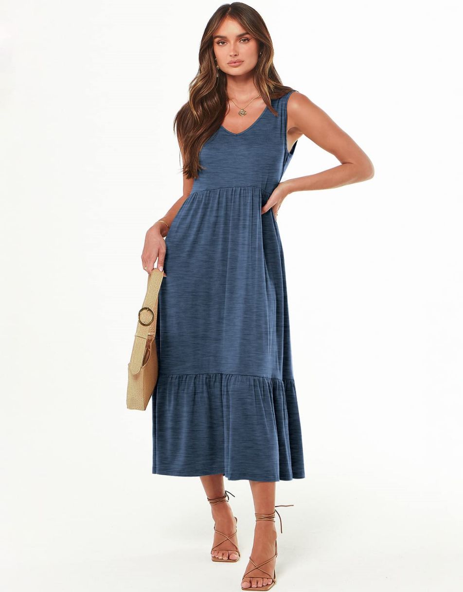 ANRABESS Sleeveless V-Neck Tiered Maxi Dress with Pockets