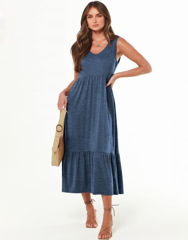 ANRABESS Sleeveless V-Neck Tiered Maxi Dress with Pockets