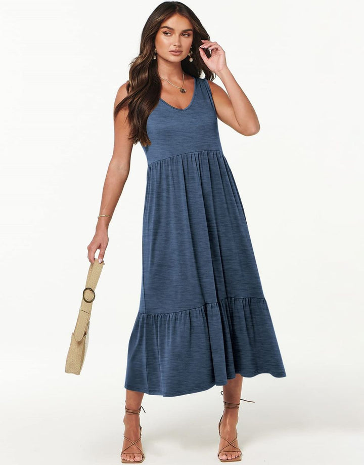 ANRABESS Sleeveless V-Neck Tiered Maxi Dress with Pockets