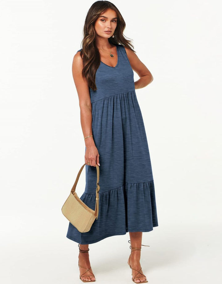 ANRABESS Sleeveless V-Neck Tiered Maxi Dress with Pockets