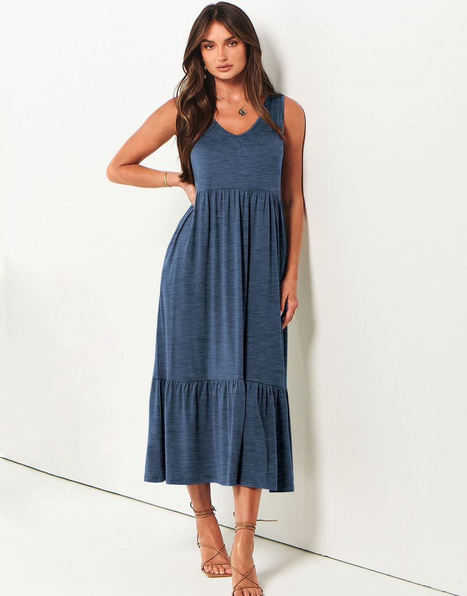 ANRABESS Sleeveless V-Neck Tiered Maxi Dress with Pockets