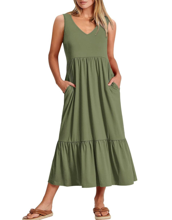 ANRABESS Sleeveless V-Neck Tiered Maxi Dress with Pockets