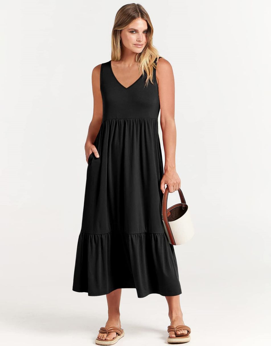 ANRABESS Sleeveless V-Neck Tiered Maxi Dress with Pockets