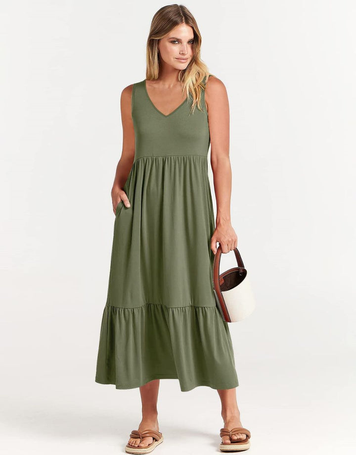 ANRABESS Sleeveless V-Neck Tiered Maxi Dress with Pockets