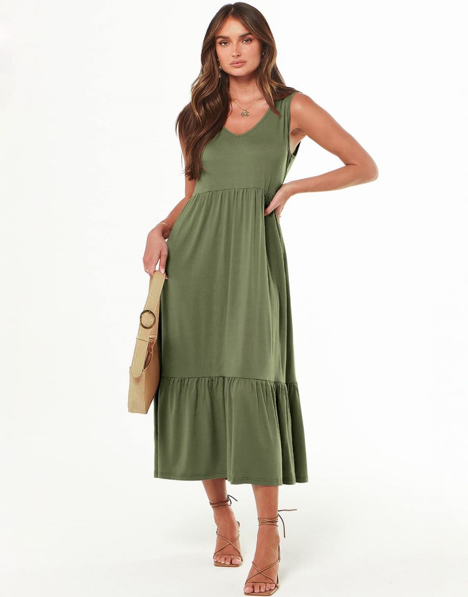 ANRABESS Sleeveless V-Neck Tiered Maxi Dress with Pockets