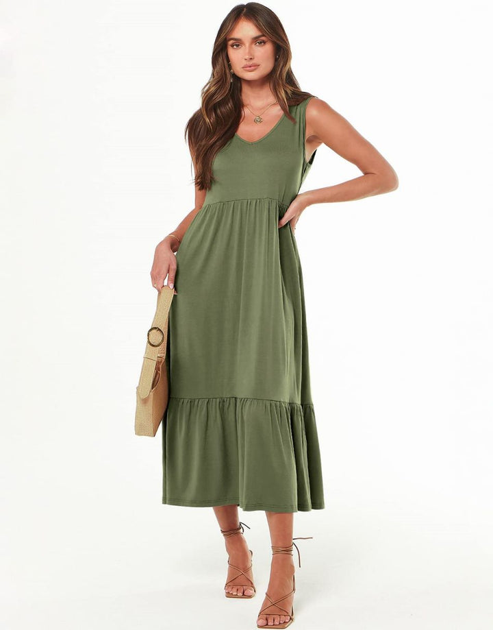 ANRABESS Sleeveless V-Neck Tiered Maxi Dress with Pockets