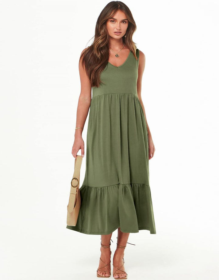 ANRABESS Sleeveless V-Neck Tiered Maxi Dress with Pockets