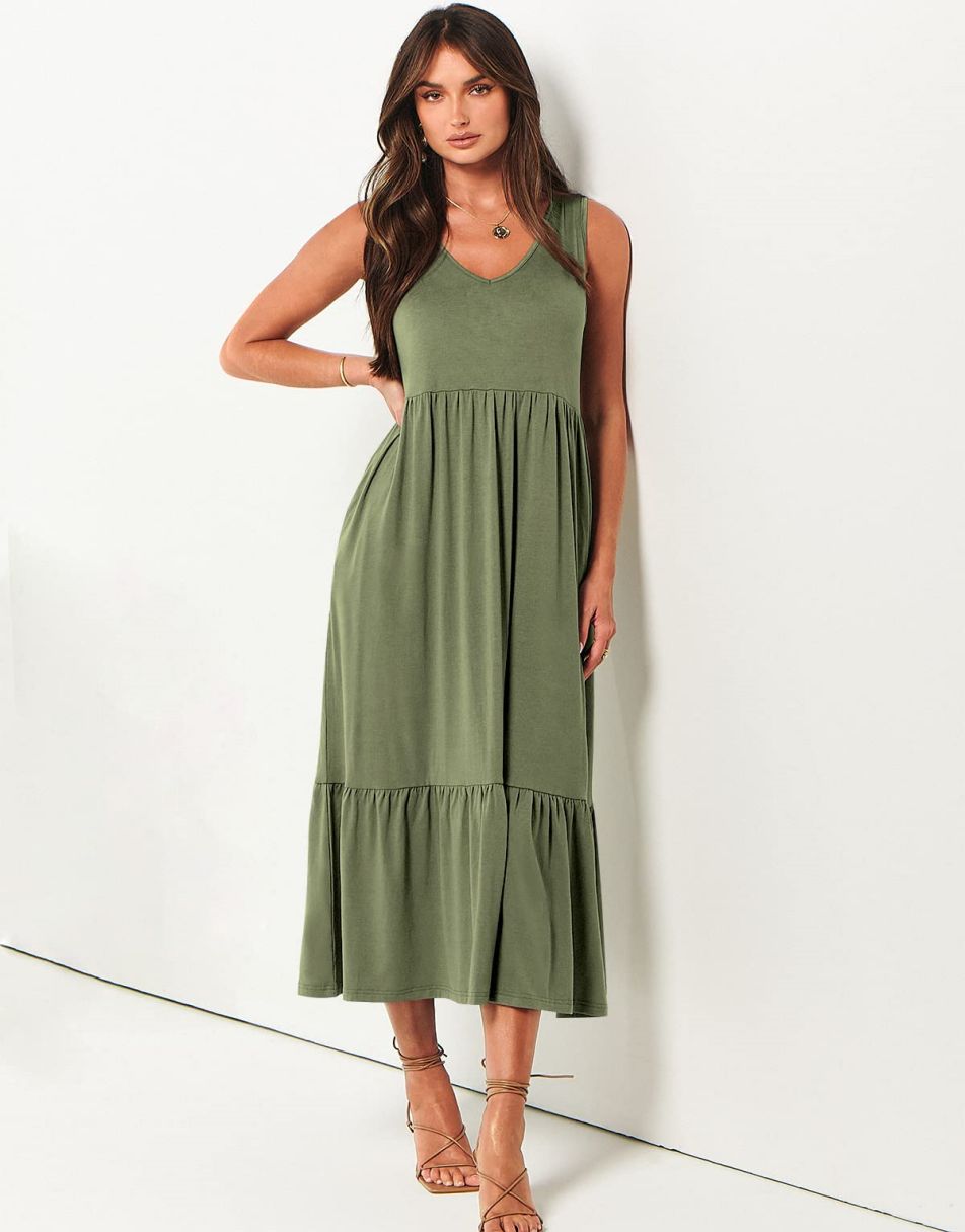 ANRABESS Sleeveless V-Neck Tiered Maxi Dress with Pockets