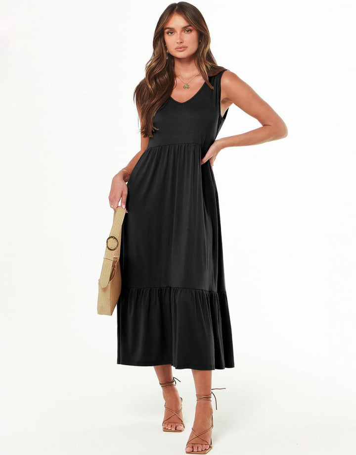 ANRABESS Sleeveless V-Neck Tiered Maxi Dress with Pockets