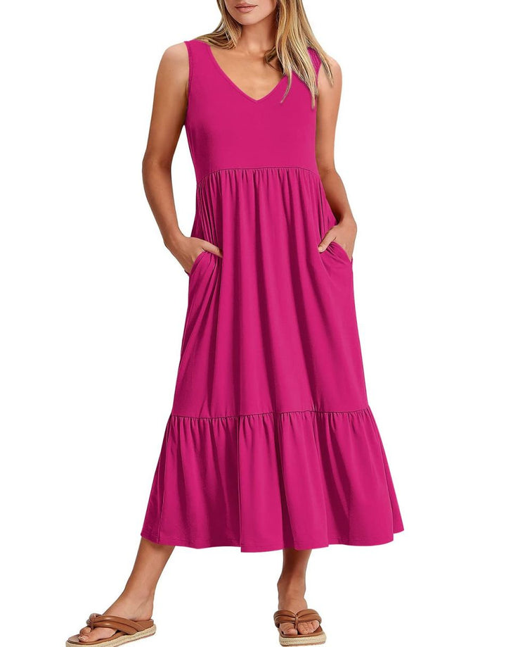 ANRABESS Sleeveless V-Neck Tiered Maxi Dress with Pockets