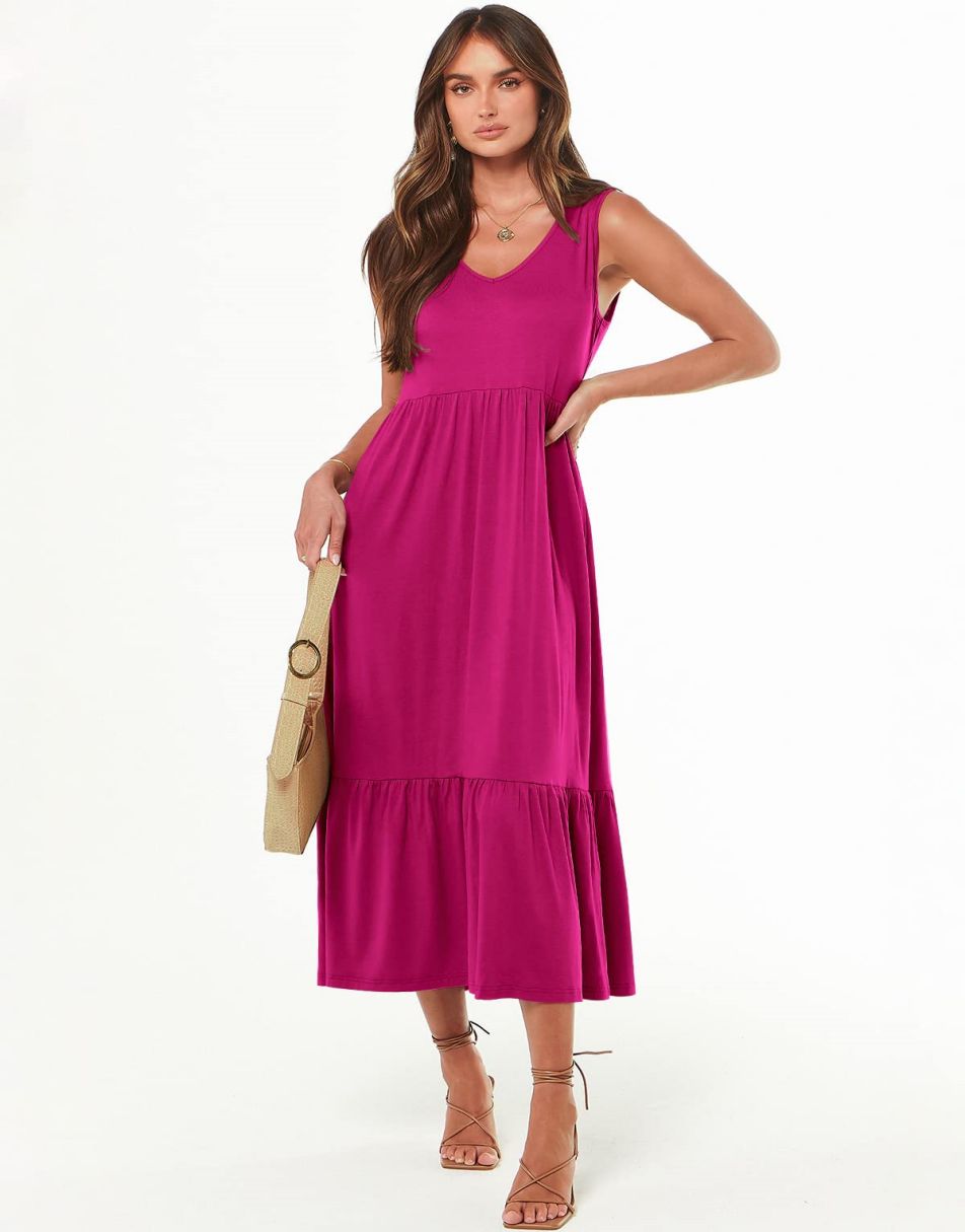 ANRABESS Sleeveless V-Neck Tiered Maxi Dress with Pockets