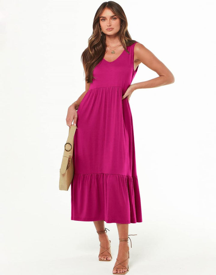 ANRABESS Sleeveless V-Neck Tiered Maxi Dress with Pockets