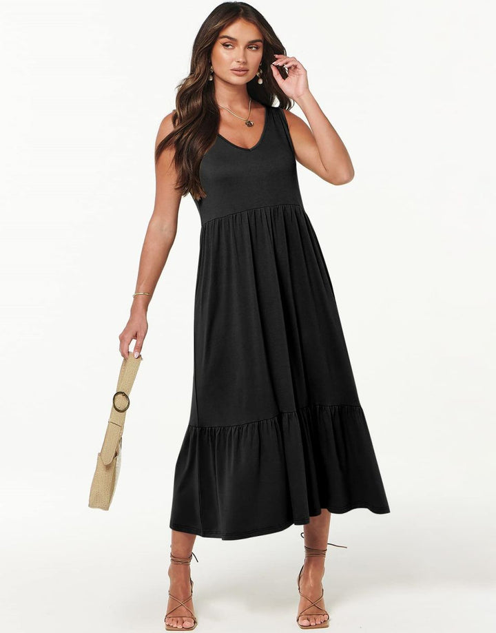 ANRABESS Sleeveless V-Neck Tiered Maxi Dress with Pockets