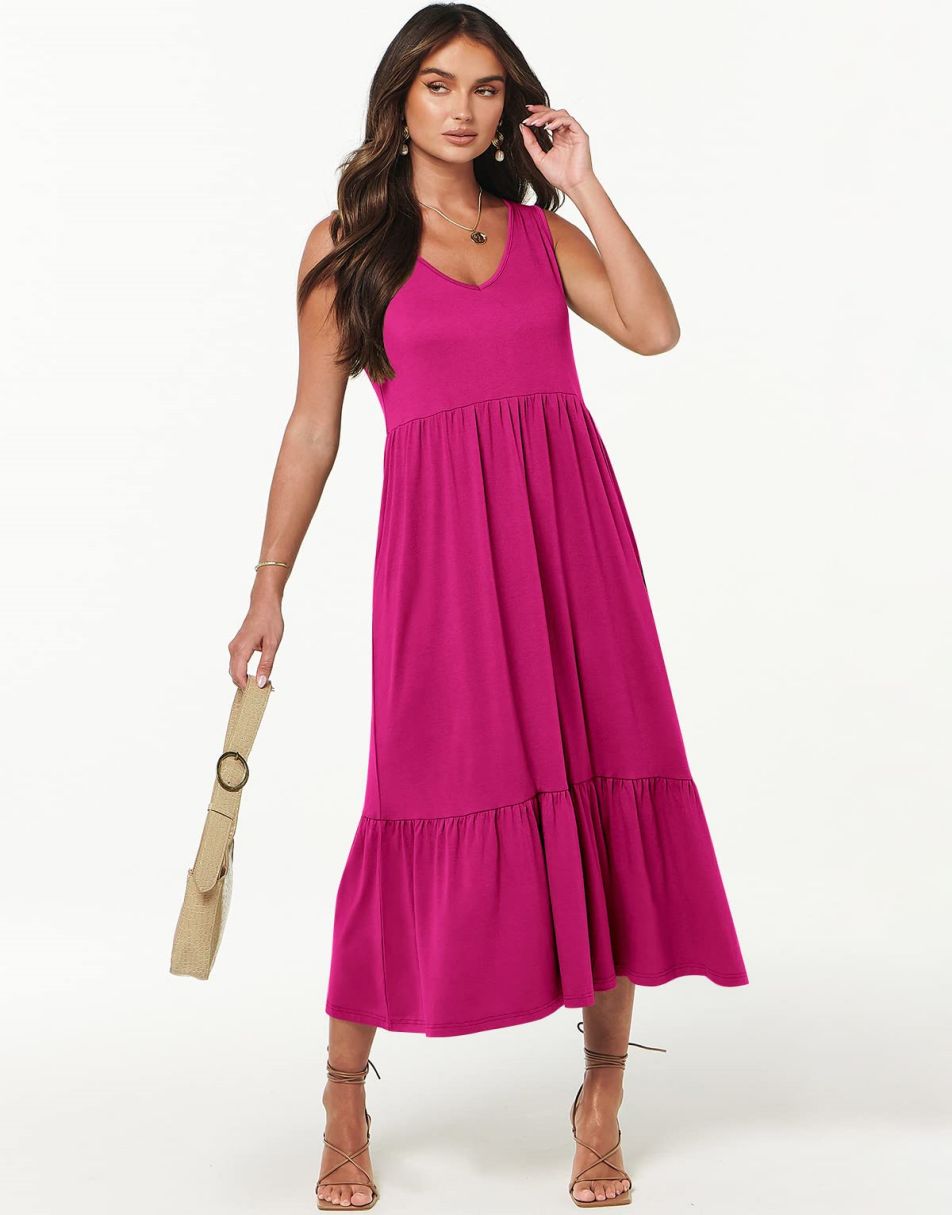 ANRABESS Sleeveless V-Neck Tiered Maxi Dress with Pockets