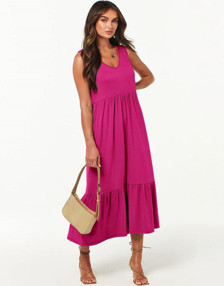 ANRABESS Sleeveless V-Neck Tiered Maxi Dress with Pockets